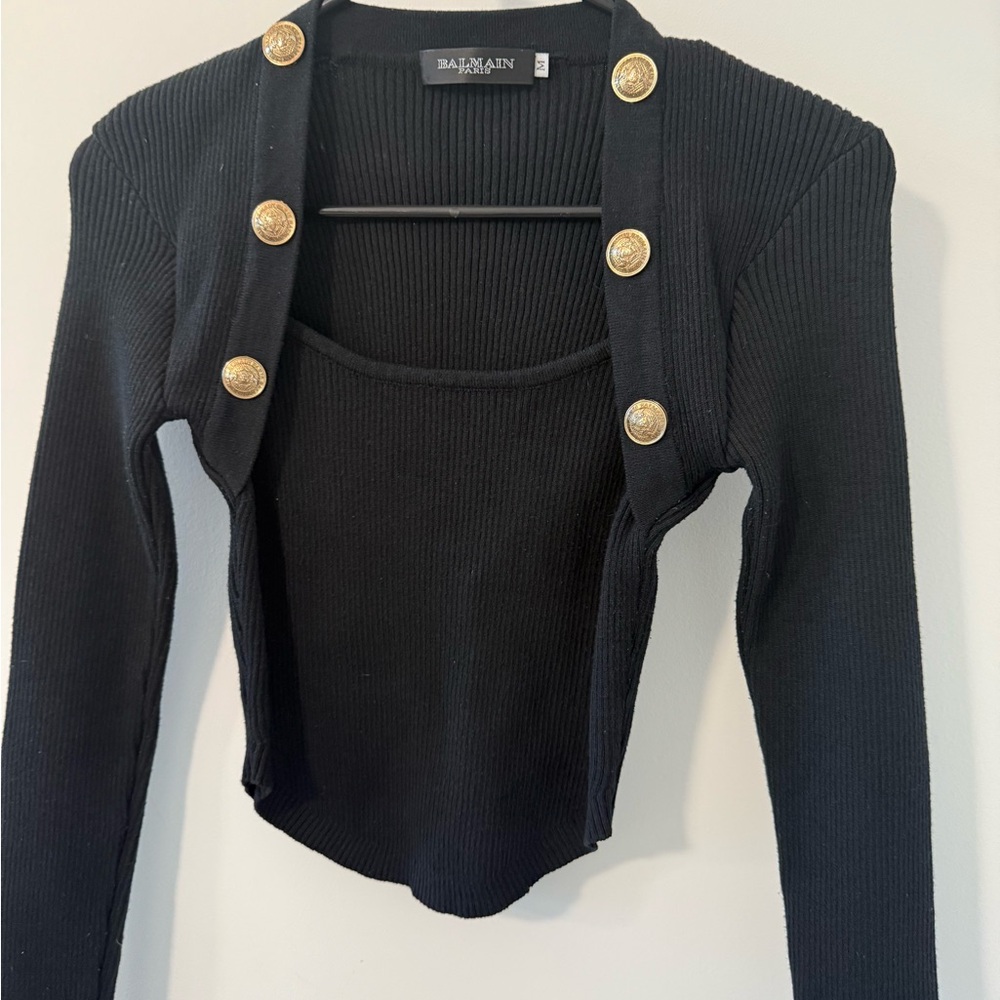 Balmain Black Ribbed Crewneck Sweater with Gold Buttons